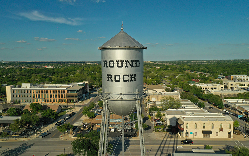 Image of the water tower and Downtown Round Rock.